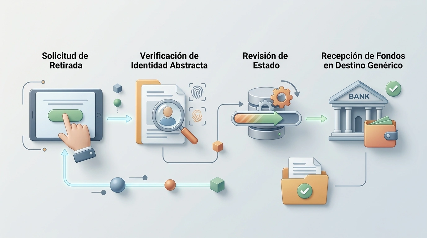Ilustración editorial del flujo de retirada desde solicitud y verificación hasta recepción de fondos