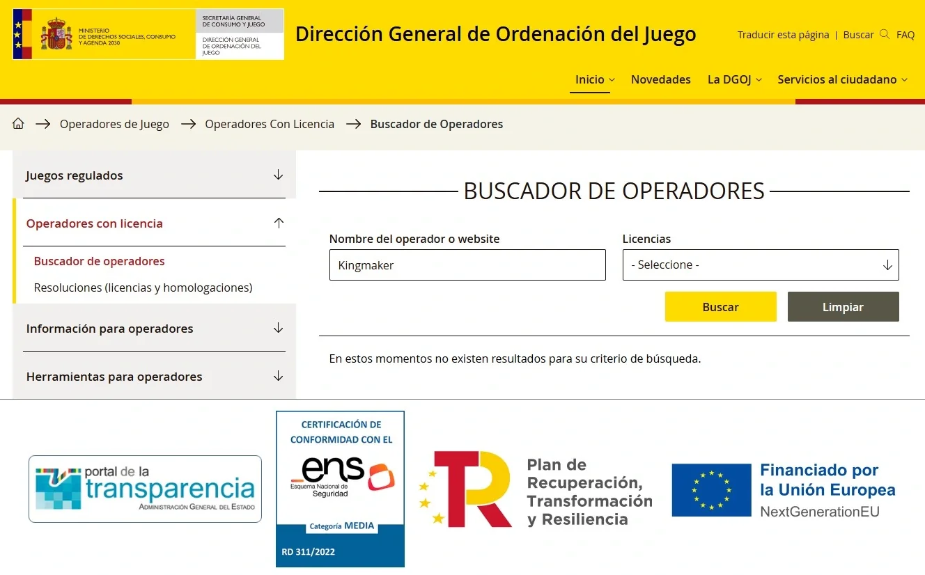 Buscador oficial de operadores con licencia de la DGOJ