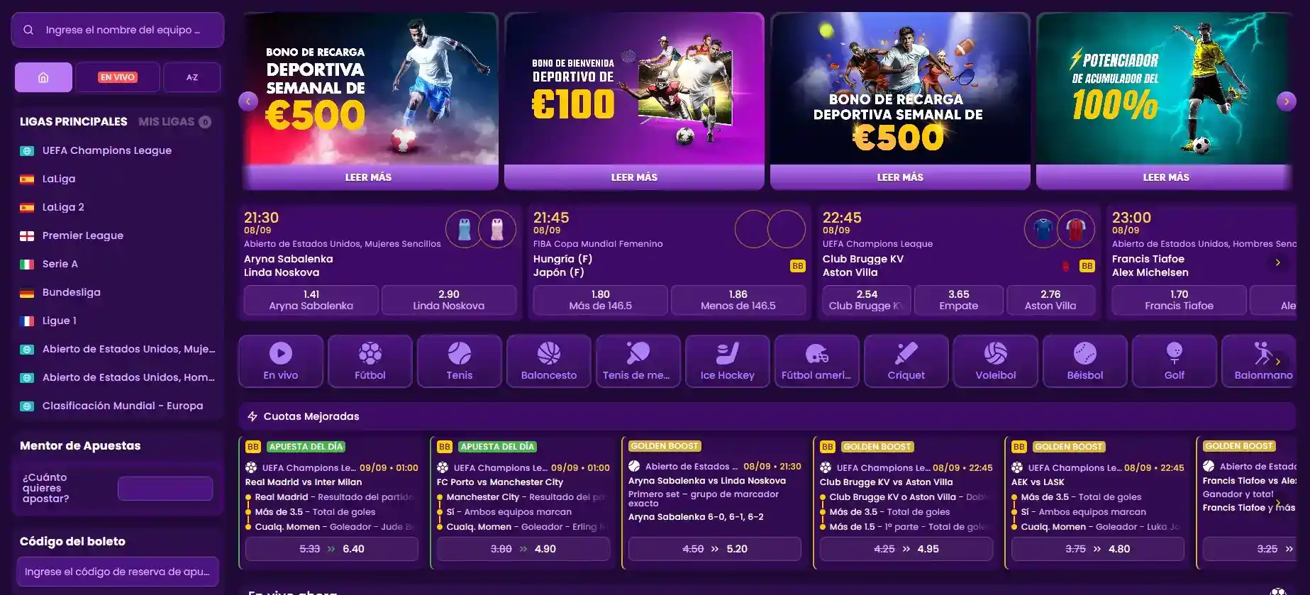 Sección de apuestas deportivas de Kingmaker en español