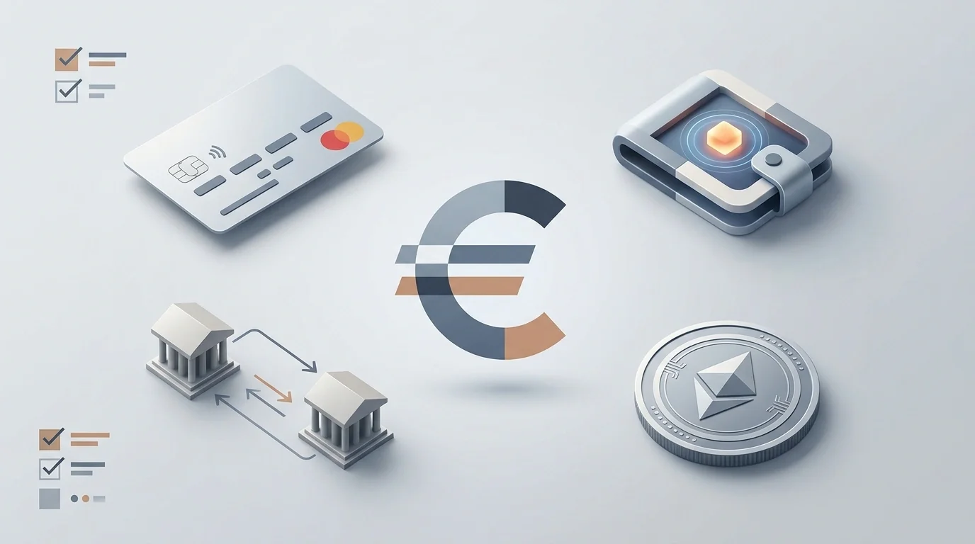 Ilustración editorial de categorías de pago con tarjeta, monedero, transferencia y cripto alrededor del euro