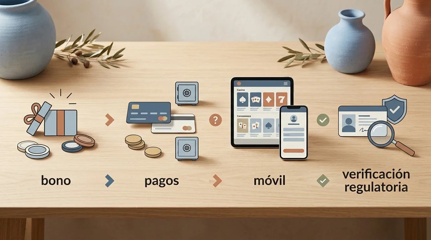 Ilustración editorial de preguntas sobre bonos, pagos, móvil, seguridad y casino online