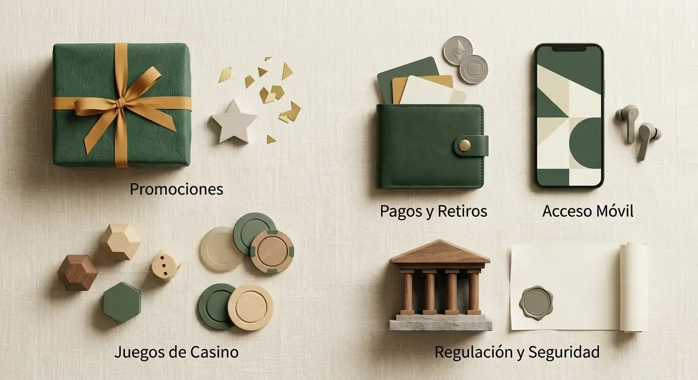 Ilustración conceptual de cinco áreas para evaluar un casino online
